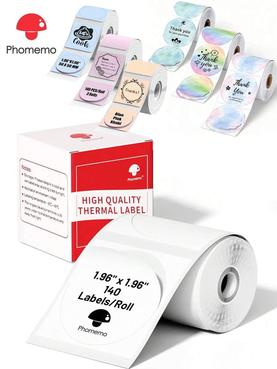 Phomemo 1卷彩色花朵形状热敏标签，尺寸1.97英寸 x 1.97英寸（50x50毫米），多用途自粘热敏打印纸，适用于服装标签、价格标签、类别标签、包装贴纸、运输标签