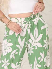 Floral Print Wide-Leg Pants, Loose Fit, Summer Style, Elastic Waistband, Side Pockets, Duna Fabric. - 薄荷綠 - 查看 3