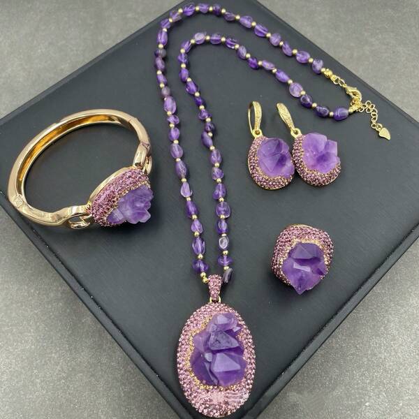 1 Set Natural Amethyst Flower Pendant Necklace, Earrings, Open Ring, Open Bracelet, European & American Vintage Style Handmade Jewelry Set, Elegant For Sweater Chain, Daily Outfit, Party Dress