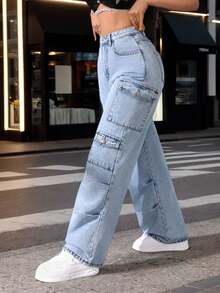 Pantalones vaqueros cargo para mujer, azul claro, jeans casuales de talle alto, corte wide-leg y con múltiples bolsillos, prenda versátil y a la moda - Lavado ligero - Ver 2