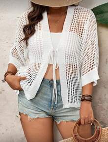 Cardigan Cape Coat Plus Size Knitted Crochet Transparent Summer - 白色 - 查看 3
