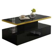 Coffee Table, Table With Drawers, Glossy Lacquered Finish, Side Table With Two Shelves. With LED Light. - Black - View 10