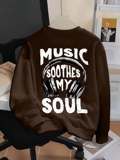 Tween Boys Casual Simple Cool Musical Design Earphone Print Round Neck Long Sleeve Sweatshirt Autumn And Winter Kids Clothes Boys