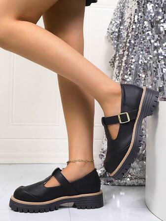 Women's Shoes, Women's Wedge & Platform Flats, Women's Retro Leather Platform Loafers, New One-Strap Buckle Flats, French Niche T-Strap Black Loafers, Waterproof Thick-Soled Round Toe Women's Flats, Comfortable Women's Work Flats