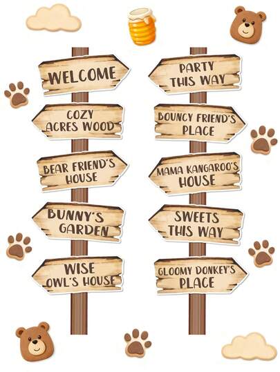 10 Stücke Vintage Bär Themen Party Wegweiser, Holz Design Party Schilder, Wald Thema Geburtstags Party Deko, Dschungel Thema Papier Schilder, Baby Dusche Party Wegweiser, Retro Geburtstags Party Yard Pfeile, Vintage Bär Thema Party Raum Wand Hintergrund Deko, Party Schilder Papier Schneiden, Party Zubehör
