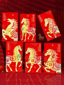 6 pièces Enveloppes rouges de l'année du cheval 2026 - Sacs d'argent de nouvel an chinois traditionnel avec des motifs de cheval auspicieux, des symboles de bonne fortune et des bénédictions, nouvel an lunaire, enveloppe d'argent, enveloppes d'argent pour les cadeaux en espèces, enveloppe cadeau d'argent - Multicolore - Voir 4