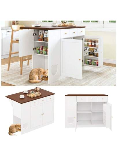 Kitchen Isl Trolley Sideboard Drawers Extendable Worktop, Spice Rack, Pet Feeding Area out Cat Bowl), Wit Walnut, 120*(40+30)*90 Cm view 2