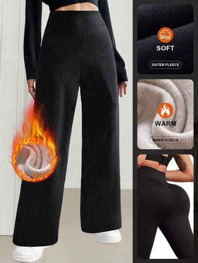 女士冬季保暖直筒裤，纯色简约高腰保暖直筒裤，复古宽松休闲裤，时尚毛绒冬季百搭打底裤，加厚直筒裤，适合寒冷天气（休闲及运动装），瑜伽健身骑行跑步运动裤，女士冬季运动裤，女士阔腿裤，女士冬季服装