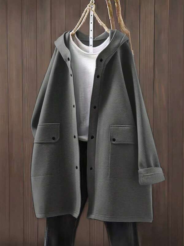 Women's Casual Solid Color Pocket Front Button Hoodie Jacket, Everyday Wear