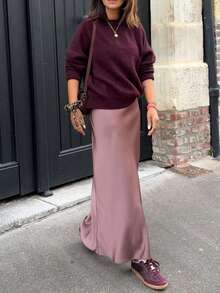 Suéter de manga larga de punto de mujer elegante y cómodo, jersey de punto acanalado de longitud regular, tela elástica media, rojo ancla, Navidad y vacaciones