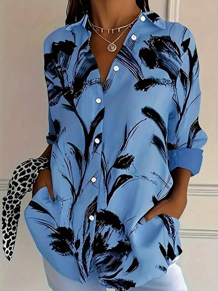 Plus Size Women Casual Long Sleeve Button-Up Shirt, Retro Floral Print Loose Versatile Blouse Vacation Spring - Blue - View 7