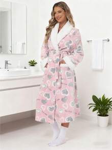 Latest Women's Long Thermal Nightdress, Soft And Warm Long Printed Fluffy Bathrobe, Autumn/Winter Thickened Bathrobe, Women's Casual Knitted Knee-Length Robe With Tie Waist, Standard Cuffs For Comfortable Sleepwear, Pocketed Shower Robe For Home Wear.