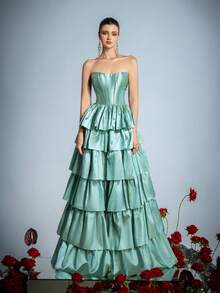 Faeriesty 优雅的无肩带心形领口修身连衣裙，露背系带设计，多层荷叶边下摆及地长裙——是婚礼、正式晚宴、毕业舞会和舞会的理想选择。 - 綠色 - 查看 3