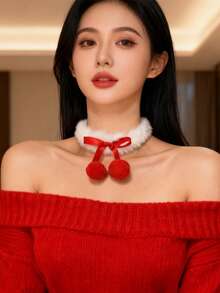 1件圣诞优雅人造毛皮蝴蝶结颈链，带绒球，女士款 - 紅色 - 查看 3