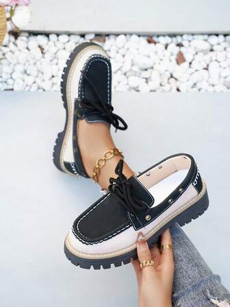 1 Pair Solid Color Preppy Style Fabric Lace-Up Women Loafers, Suitable For Outdoor Wear All Seasons