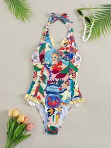 2025 Women's New Vacation Plant Print Patchwork Flounce Halter One-Piece Swimsuit - Black - View 8