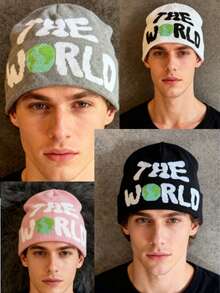 1pc These Men's Knit Beanies With "THE WORLD" Lettering And Earth Graphic Come In Multiple Colors, Offering A Stylish And Warm Design, Making Them Ideal Fashion-Forward Winter Headwear - Multicolor - View 10