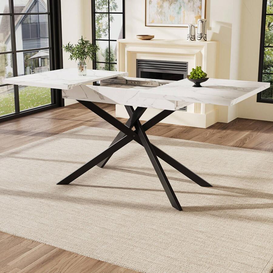 A Rectangular Extendable Dining Table Measuring 120 X 160 Cm, Space-Saving Thanks To Its Black Iron Crossed Legs And White Marble Top, Ideal For The Kitchen And Living Room. Its Style Is Decidedly Modern. - White - View 1