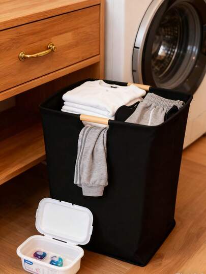 1pc Large Capacity Fabric & Wooden Handle Laundry Basket, Minimalist Home Clothes Storage Basket, Minimalist Black Square Dirty Clothes Basket With Wooden Handle, Multi-Purpose Clothes Storage Basket For Bathroom/Home Organization, All Season