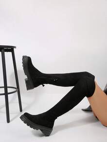 女士新款秋冬过膝长靴，方头厚底增高绒面革长靴，休闲百搭弹力靴，性感女靴 - 黑色 - 查看 2