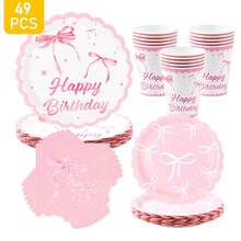 Pink Bow Disposable Plate, Napkin, Cup Set, Plates, Napkins And Cups Party Supplies, Serves 8 Guests, Disposable Paper Plates Party Tableware Suitable For Birthday, Wedding, Theme Party, Family Picnic - Multicolor - View 1