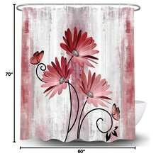 Rustic Farmhouse Shower Curtain, Farm Red Daisy Floral Flowers And Butterfly, Light Burgundy Gray Shower Curtain With 12PCS Hooks, 60X70 - 多色560 - 查看 8