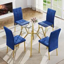 5-Piece Dining Table Set With 4 Black Chairs, 36" Round Dining Table & Chairs Set For 4, Circle Kitchen Table With Gold Metal Frame & Tempered Glass Top, Perfect For Small Space - 35.4吋方形桌子+4把藍色椅子 - 查看 3