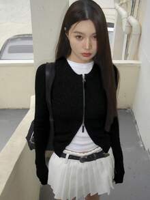 女士休闲日常通勤简约纯色双拉链开衫，秋冬黑色 - 黑色 - 查看 3