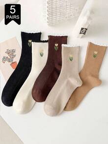 5 pares de calcetines de media caña de mujer de unicolor con encaje, diseño floral de tulipán estilo japonés lindo, versátil para otoño/invierno, adecuado para combinar con la moda diaria