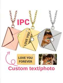 1pc Customizable Necklace, Custom Fashion Necklace, Personalized Envelope Locket Necklace With Customized Name/Message And Family/Pet/Couple Photo, Suitable For Birthday/Valentine/Anniversary, Perfect As Gift For Weddings, For Father's Day Valentines, High School Senior High School Students, College Students, University Students, Freshman, Sophomore, Underclassmen,Customized Fashion Photo Necklaces,Look Glamour,Jewelry & Watches,Chic Autumn,Custom Name Stainless Steel Necklace, Personalized Nameplate - Multicolor - View 3