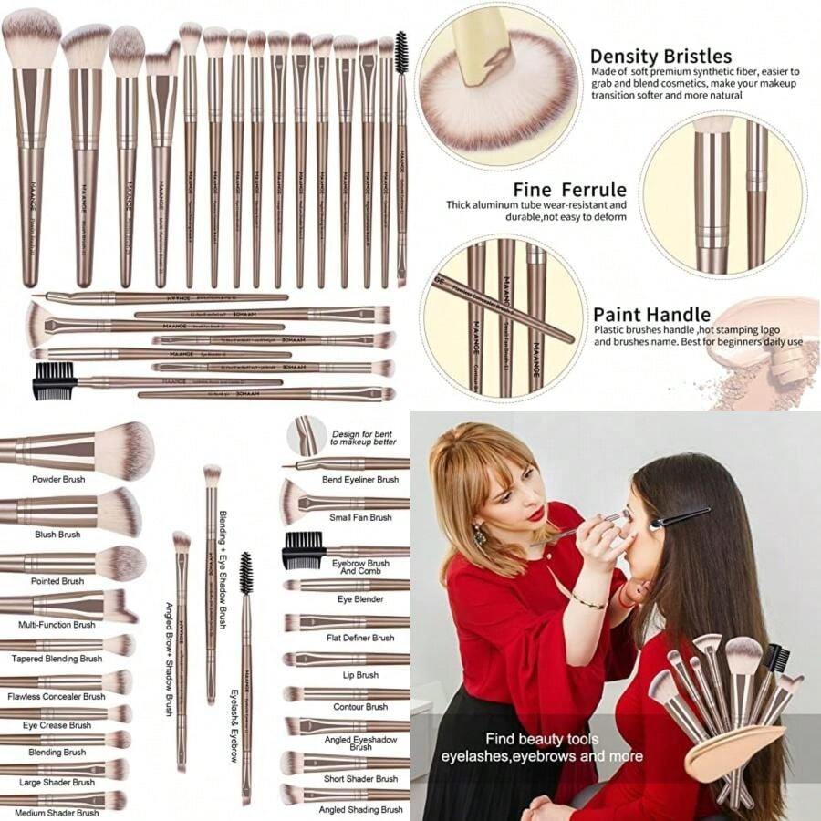Brochas de Maquillaje Kit 23 Piezas Profesional Sintéticos de Calidad Set de Brochas para Maquillaje Rubor Brochas Maquillaje Sombras de Brochas para Ojos&Facial(Champagne)(café marrón) - Multicolor - Ver 1