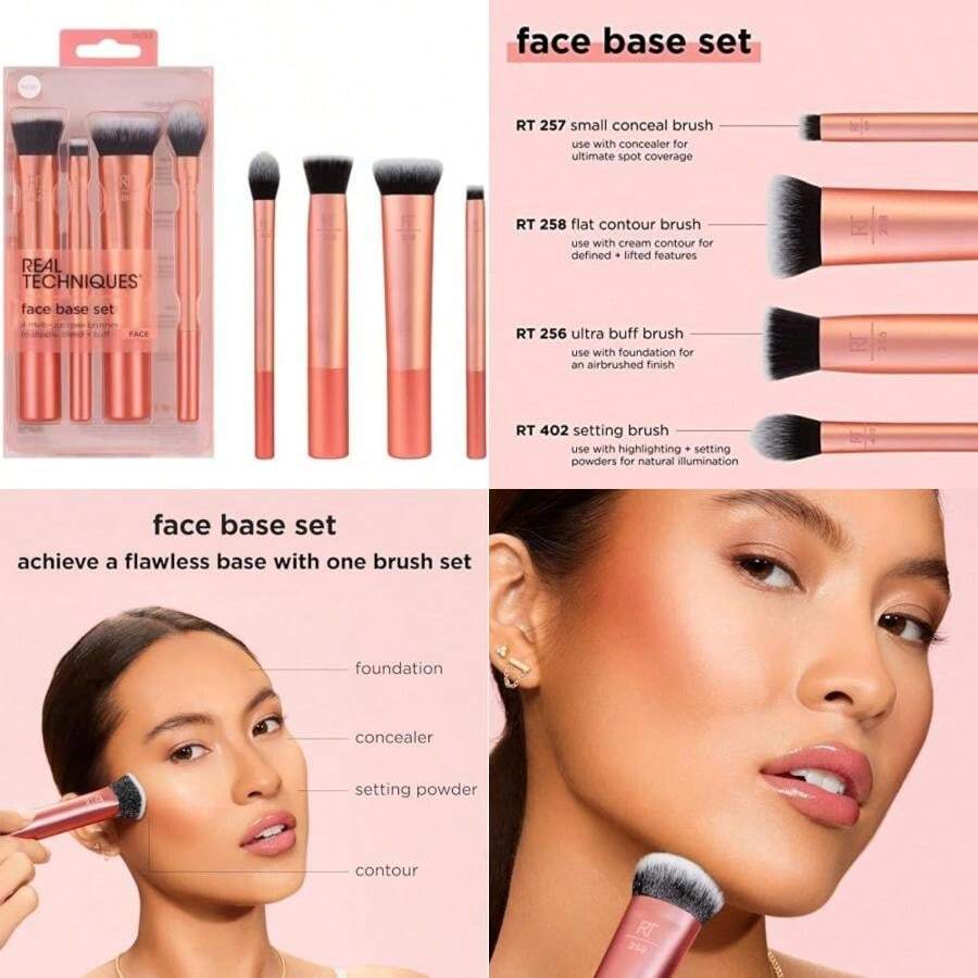, Face Base Set, Kit de 4 Brochas de Maquillaje, Compatibles con Cremas, Líquidos y Polvos, Veganas(Kit de base facial, juego de 4 piezas) - Multicolor - Ver 1