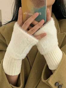 2双装女士露指针织毛绒手套，秋冬季保暖防寒手套，女士ins风仿貂毛多功能毛绒气质可爱办公半指学生骑行防风防漏手套 暖手宝