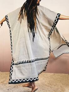 男士波西米亚印花长款和服 - 黑白图案开襟长袍，宽松艺术风外套，适合节日、波西米亚街头风和日常休闲穿搭，男士礼物 - 灰色 - 查看 3