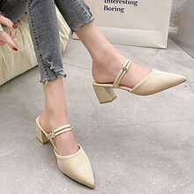 Sandalias de mujer con tacón medio grueso, punta afilada y rayas. Sandalias semidescubiertas con tejido transpirable. - Beis - Ver 4