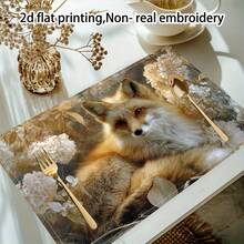 4 Piece Nordic Style Beige And Brown Table Mat Set - 12x18 Inch Fabric Rectangular Cushion With Golden Fox And Hydrangea Design, Single-Sided Printing, Suitable For Dining Table, Kitchen, Christmas Decoration - Machine Washable Beige Table Decoration, 2D Flat Print Modern Nordic Table Arrangement, Elegant Fox And Hydrangea Pattern, Durable Material For Daily Use Or Activities, 2D Flat - 4 Items - View 2