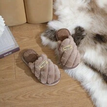 Pantuflas de pareja de pana retro, con elemento de cuadros de unicolor, aptas para uso interior y exterior - Café integral - Ver 4