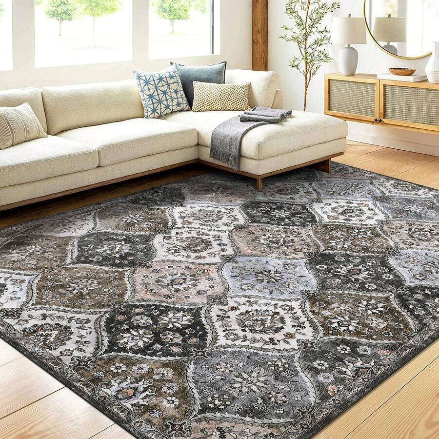 Hodeffior Washable Vintage Area Rugs 120x170cm, Traditional Living Room Rug, Non-Slip Floral Print Carpet For Bedroom, Foldable Short Pile Indoor Mat For Dining Room - Grey Brown - View 1
