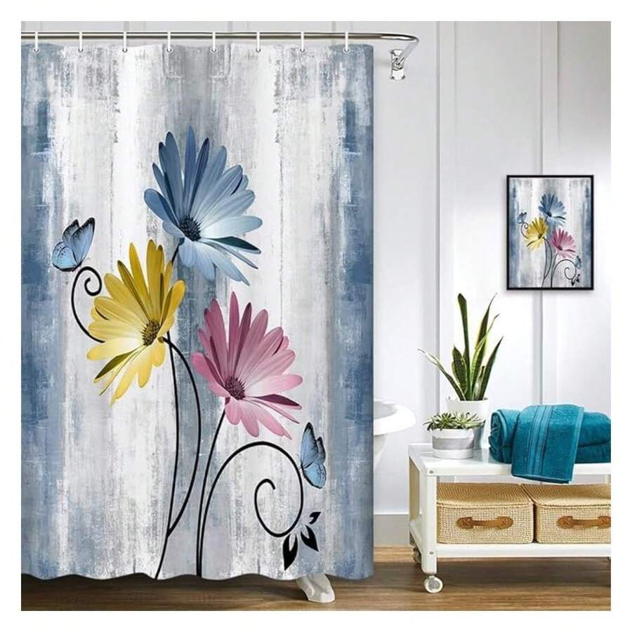 Rustic Farmhouse Shower Curtain, Farm Blue Daisy Floral Flowers And Butterfly On Country Wooden Shower Curtain For Bathroom, Turquoise Pink Yellow Bathroom Shower Curtains With 8PCS Hooks, 47X64IN - 多色579 - 查看 1