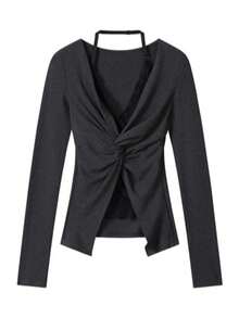Capa base de manga larga con volantes de unicolor, nueva blusa de encaje estilo coreano 2 en 1 sexy para otoño y primavera - Gris - Ver 7