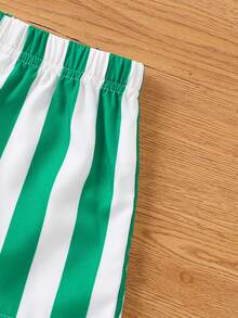 2pcs/Set Baby Boys' Casual Letter Print Short Sleeve Round Neck T-Shirt And Striped Shorts Set, Lightweight Summer Outfit - Green - View 9