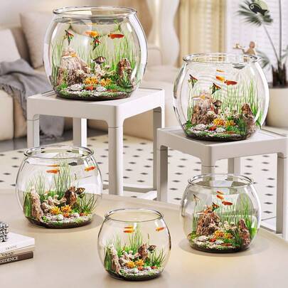 Small Fish Tank Transparent, Desktop Thick Tortoise Tank, Goldfish Tank, Hydroponic Living Room, Anti-Drop Landscaping Tank, Round Plastic Small Fish Tank For Living Room, New All-In-One Tortoise Tank Imitating Glass, Desktop Goldfish Tank, And Unbreakable Fish Tank