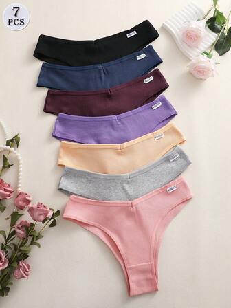 Juego de 7 bragas tipo tanga con letra V en la cintura, de costilla, cómodas y casuales para uso diario de las mujeres