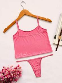 Lingerie Set: Thong Without Padding, Ribbed Suede Fabric, Comfortable, Butt-Lifting, Women's Fashion - 藕粉色 - 查看 2