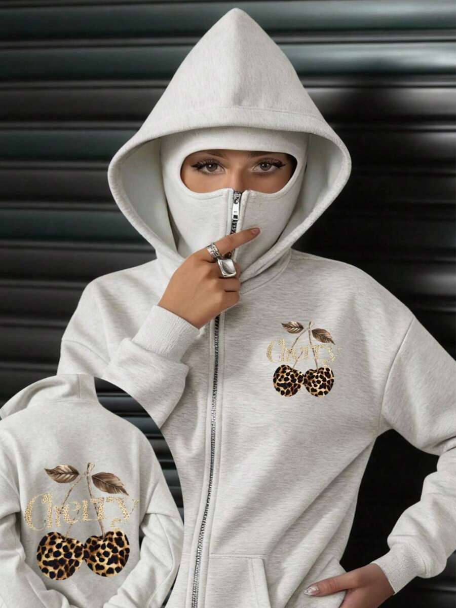 超大长款拉法帽，豹纹樱桃印花，女士双帽拉链开襟卫衣，带口袋，抓绒保暖，适合秋冬春季穿着，可用于度假、上学、居家、日常、街头、拍照等场合，风格简约、Y2K、休闲、学院风、街头风、办公室风、可爱风、辣妹风，适合秋季、冬季、圣诞节、新年等各种场合，也是外出必备单品，时尚百搭。 - 淺灰色 - 查看 1