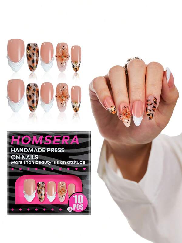 10 uñas acrílicas con estampado de leopardo francés en forma de almendra mediana, hecho a mano, de estilo Y2K. Uñas postizas profesionales de acrílico rosa y blanco con tallado floral 3D y accesorios de cuentas doradas, adecuadas para salón de uñas de invierno, fiestas y regalos de Año Nuevo para niñas y mujeres. Tamaño XXL/XXXL para uso diario
