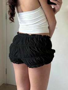 Spring/Summer Versatile Street Photography Solid Color Bowknot Ruffle Women's Shorts Black - Black - View 8