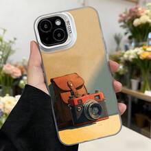 Cubierta de telefono estilo vintage color beige con estampado de camara fotografa y mochila para mujer elegante uso diario y viajes Aplicable a los teléfonos de la serie Apple y Galaxy - Blanco - Ver 2