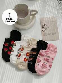 1双/5双装 汉堡、薯条、草莓图案可爱甜美浅口袜 女款，防滑、吸湿、透气 - 彩色 - 查看 9