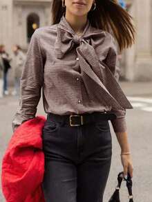 Fisoew Women's Elegant Plaid Button Down Blouse Long Sleeve Bow Tied Neck Versatile For Casual & Dressy Occasions - 棕色 - 查看 6